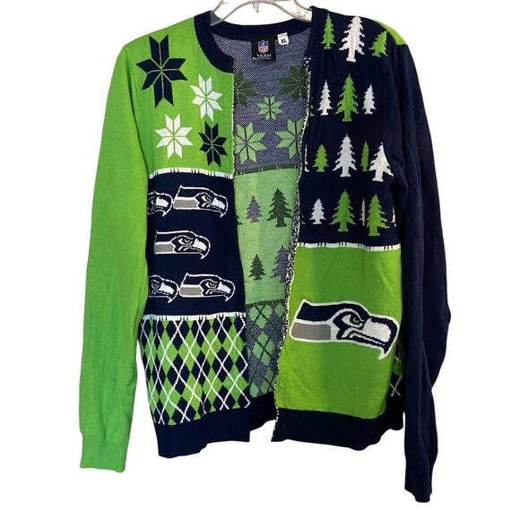 NFL Team Apparel Size XL Seattle Seahawks Green Blue Christmas Sweater Cardigan - Picture 1 of 9